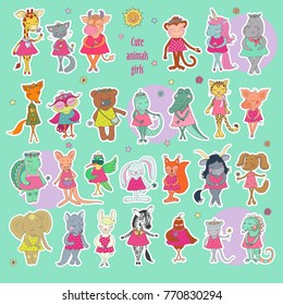 Great Collection of Cute stickers animals girls. Vector cartoon illustration on green background. Can use for Valentine's Day, baby announcement, Mother's Day,wedding design, scrapbook, textiles.