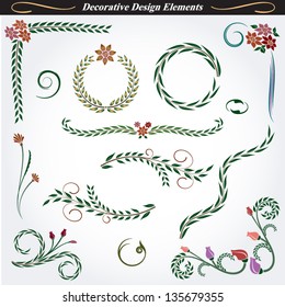 Great collection of decorative and floral elements in vector format. Ideal for creative layout, greeting cards, invitations, books, brochures, stencil and many more uses.