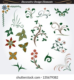 Great collection of decorative and floral elements in vector format. Ideal for creative layout, greeting cards, invitations, books, brochures, stencil and many more uses.