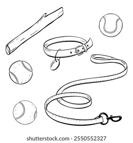 Uma grande coleção de acessórios para cães, incluindo uma coleira, colarinho, bolas e uma vara de brincar. Ilustração de esboço vetorial. Loja de animais