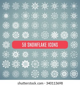 Great collection of elegant stylish snowflakes isolated on grey background. Cute design of snowfall elements. Set of 58 absolutly different snowflakes. New Year and Christmas concept. Vector