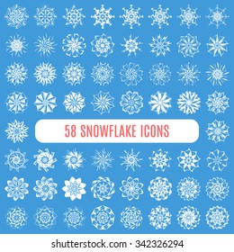 Great collection of elegant stylish snowflakes isolated on white background. Cute design of snowfall elements. Set of 58 absolutly different snowflakes. New Year and Christmas concept. Vector