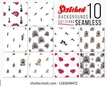Great collection of fashion seamless. Set of 10 pattern background with fashionable accessory and objects. Hand drawn feminine illustrations.
