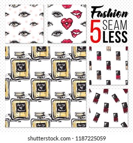 Great collection of fashion seamless. Set of 5 pattern background with fashionable accessory and objects. Hand drawn feminine illustrations.
