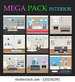 Great collection of interiors. Interior design. Interiors for animation. Living room, hallway, bedroom and hall. Vector illustration.