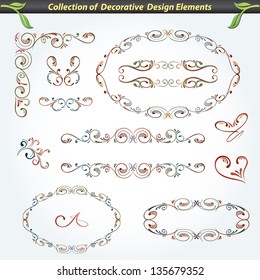 Great collection of isolated decorative and floral elements in vector format. Ideal for creative layout, greeting cards, invitations, books, brochures, stencil and many more uses.