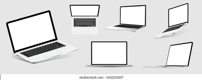 Great Collection Mock-ups of realistic laptops. 3D isometric set device. Side, top view and isometric. Vector collection Mockups generic device. Template notebook for presentation.