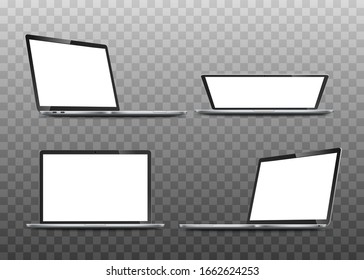 Gran colección de maquetas de portátiles realistas. Establecer dispositivo. Vista lateral, superior. Colección de vectores Dispositivo genérico Mockups. Portátil de plantilla para presentación. Ilustración del vector