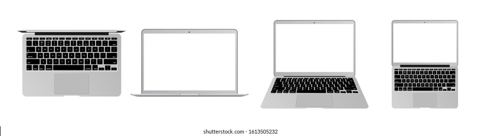 Great Collection realistic laptops. 3D set device. Side, top view back and front. Vector collection generic device. Template notebook for presentation.