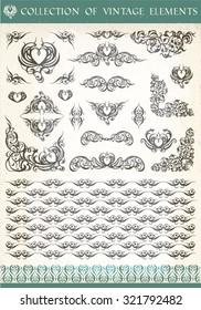 Great collection, set of vintage elements vignettes, label, monograms with hearts for wedding or holiday decoration on old paper. Vintage romantic pattern, border, frame, lace.