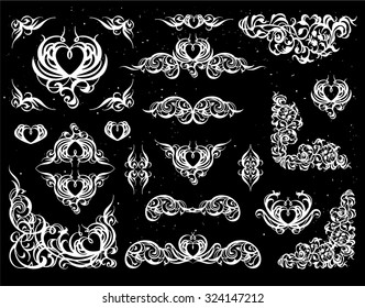 Great collection, set of vintage elements vignettes, label, monograms with hearts for wedding or holiday decoration on blackboard. Vintage romantic pattern, border, frame, lace.