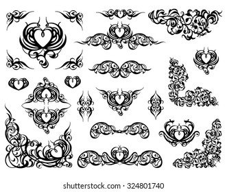 Great collection, set of vintage elements vignettes, label, monograms with hearts for wedding or holiday decoration. Vintage romantic pattern, border, frame, lace. Black and white
