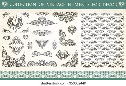 Great collection, set of vintage elements vignettes, label, monograms with hearts for wedding or holiday decoration. Vintage romantic pattern, border, frame, lace. Black and white