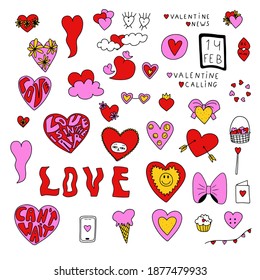 
great collection of stickers for valentine's day. Romantic patches in the style of the cotyledons. Elements of love symbols for postcards, notebooks. Tattoo template Children's doodle style