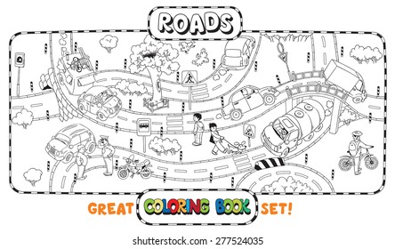 Great coloring book or coloring picture of roads, crossings, cars and people