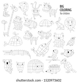 GREAT COLORING for children with animals. Big vector set of cartoon Animals. Bear, lion, monkey, elephant, the hedgehog, crocodile, parrot, rabbit,koala, giraffe, whale, owl, lizard, turtle.