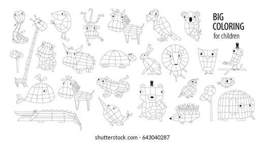 GREAT COLORING for children with animals. Big vector set of cartoon Animals. Bear, lion, monkey, elephant, the hedgehog, crocodile, parrot, rabbit,koala, giraffe, whale, owl, lizard, turtle.