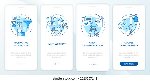 Gran comunicación en la pantalla de la aplicación móvil. Recorrido de unión de parejas por 4 pasos instrucciones gráficas con conceptos. UI, UX, plantilla de vector GUI con ilustraciones de color lineales