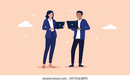 Grandes informáticos oficinistas - Hombre y mujer de pie con portátiles en la mano sonriendo junto con estrellas de la excelencia Pequeña alrededor. Ilustración vectorial de diseño plano con fondo beige