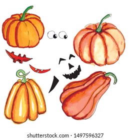 A great constructor for creating  pumpkins for Halloween.Gather your pumpkin yourself. Designer of the symbol of an orange pumpkin with various eyes, nose and smile.