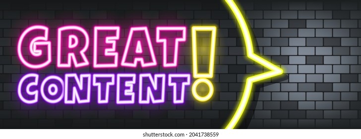 Great content neon text on the stone background. Great content. For business, marketing and advertising. Vector on isolated background. EPS 10.