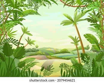 Great countryside in the tropics. Vegetable garden hills and meadows. The road goes into the distance. Palm trees and nice summer weather. Funny cartoon style. Green countryside landscape. Vector