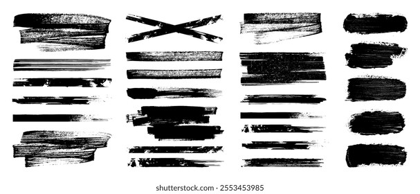 Great creative grunge box - paint texture, brushstrokes with spray splashes, highlighters, underline. Vector stencil lines, diverse brush strokes set. Hand drawn paint lines. Vector graphic set