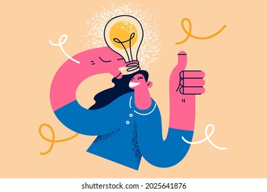 Great creative idea and innovation concept. Young smiling woman cartoon character standing showing thumbs up having great idea in mind with light bulb above vector illustration 