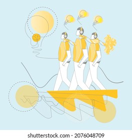 Great creative idea and innovation concept - Young men listening to music cartoon characters standing walking and working together showing bright ideas in mind with light bulb vector illustration