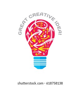 Great creative idea - vector concept illustration. Lightbulb and sketch arrows. Electric lamp symbol. Brainstorm sign. Design element. 