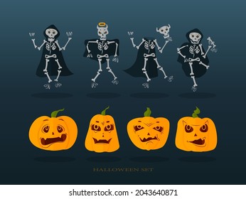 Great for creepy fun party themed projects, gifts, packaging. Set for Halloween, pumpkins and skeletons on dark background. Vector halloween decoration set. Halloween design elements.