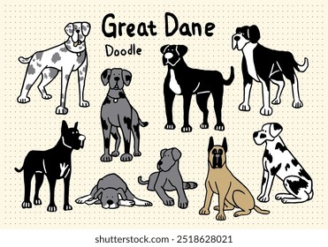 Grande dinamarquês Big Dog mão desenhado Doodle Set