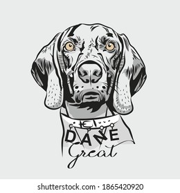 Great Dane in a collar with letters and chains. Vector portrait of a dog with a sad look. Cute grey dog