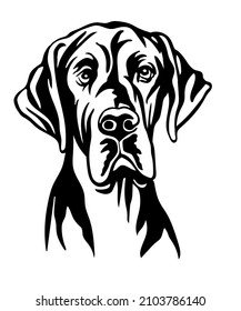 Great dane dog black contour portrait. Dog head in front view vector illustration isolated on white. For decor, embroidery, design, print, poster, postcard, sticker, t-shirt, cricut and tattoo 