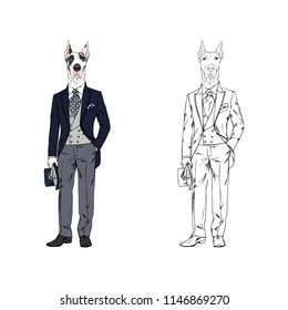 Great Dane dog dressed up in vintage Victorian suit, anthropomorphic animal illustration