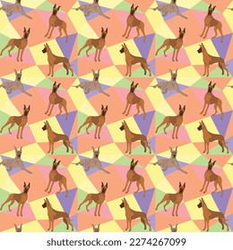 Great Dane dog on a mosaic geometric background. Funky, colorful vibe, rainbow colors palette. Simple, clean, modern texture. Geometric, polygon style. Summer seamless pattern with dogs.Triangles.