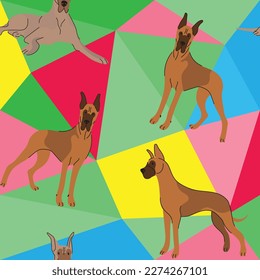 Great Dane dog on a mosaic geometric background. Funky, colorful vibe, rainbow colors palette. Simple, clean, modern texture. Geometric, polygon style. Summer seamless pattern with dogs.Triangles.