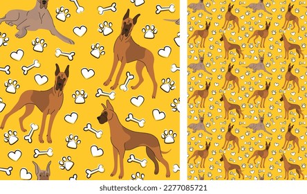 Great Dane dog on a playful yellow background with bones and paws. Funky, colorful vibe, vibrant palette. Simple, clean, modern texture. Summer seamless pattern with dogs. Birthday present. Valentine