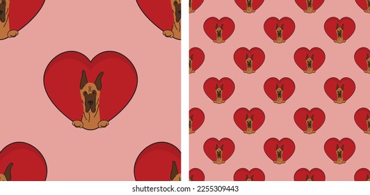 Great Dane dog with paws pattern, Valentine's day heart wallpaper. Love heart with pet head holiday texture. Dog face Holding Heart Cartoon square background.St Valentine's day romantic present paper.