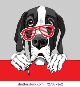 Great Dane Dog with a red grill glasses photo booth. Vector illustration.