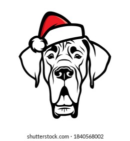 Great Dane dog with santa claus hat isolated outlined vector illustration