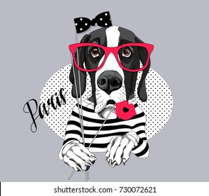 Great Dane Dog in a striped T-shirt and with a red glasses, bow, lips photo booth props. Vector illustration.