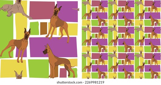 Great Dane dog summer bright wallpaper. Holiday abstract shapes square seamless background, repeatable pattern. Birthday wallpaper, Christmas present, print tiles. Simple puzzle with dogs, pet lover.