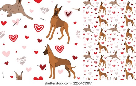 Great Dane dog Valentine's day heart wallpaper. Love doodles hearts with pets holiday texture. square background, repeatable pattern. St Valentine's day wallpaper, valentine present, print tiles.