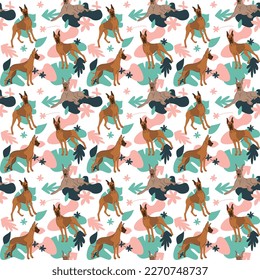 Great Dane dog wallpaper with leaves, palms, flowers, plants. Pastel green, pink, navy. Holiday abstract natural shapes. Seamless floral background with dogs, repeatable pattern. Birthday wallpaper. 