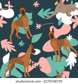 Great Dane dog wallpaper with leaves, palms, flowers, plants. Pastel green, pink, navy. Holiday abstract natural shapes. Seamless floral background with dogs, repeatable pattern. Birthday wallpaper. 