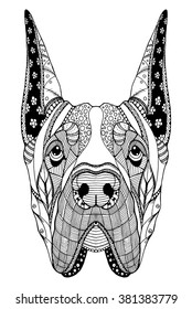 Great Dane dog zentangle stylized head, freehand pencil, hand drawn, pattern. Zen art. Ornate vector. Coloring.