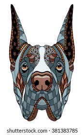 Great Dane dog zentangle stylized head, freehand pencil, hand drawn, pattern. Zen art. Ornate vector. Color.