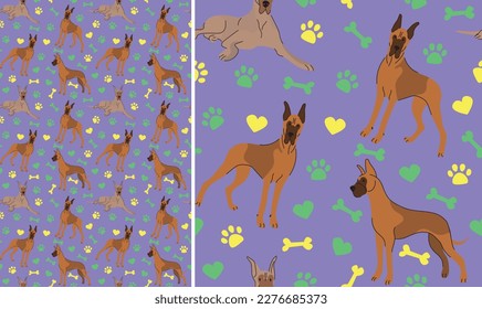 Great Dane dogs on a playful violet background with bones, hearts, paws. Funky, colorful vibe, vibrant palette. Simple, clean, modern texture. Summer seamless pattern with dogs. Birthday present.