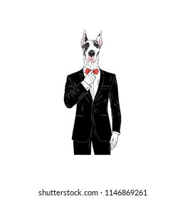 Great Dane dressed up in tuxedo, anthropomorphic illustration, fashion dogs